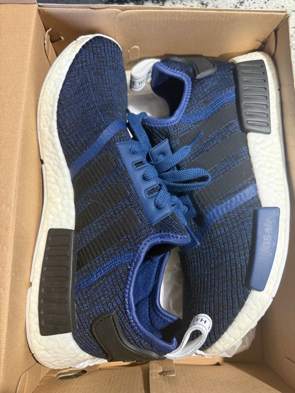 Adidas NMD R1 “Mystery Blue” Navy and Black Knit Athletic Sneakers